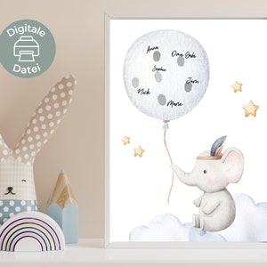 Fingerabdruck Gästebuch Poster PDF | kleiner Elefant | Alternative Gästebuch Babyparty oder Taufe zum downloaden