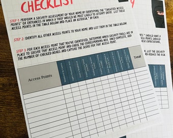 May include: A printable home security checklist with a grid table to identify and assess access points. The checklist includes a list of security measures to consider, such as landscaping, lighting, and door reinforcement.