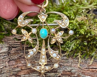 Antique Edwardian Filigree Turquoise Seed Pearl Pendant Brooch