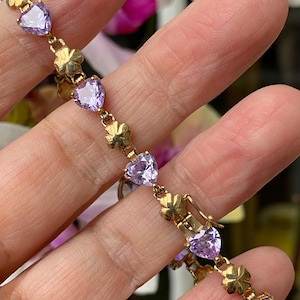 Vintage 9ct Gold Amethyst CZ Heart Tennis  Bracelet