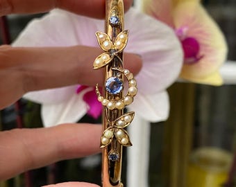 Antikes viktorianisches 9 Karat Gold Saphir & Perle Halbmond Armreif
