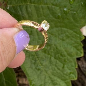 K&ouml;nnte beinhalten: Ein goldener Ring mit einem klaren, runden Edelstein. Der Ring hat ein filigranes Design mit einem strukturierten Band. Der Edelstein ist in einer Zargenfassung gefasst. Der Ring wird vor einem gr&uuml;nen Blatt-Hintergrund gehalten.
