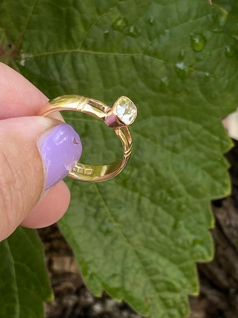 K&ouml;nnte beinhalten: Ein goldener Ring mit einem klaren, runden Edelstein. Der Ring hat ein filigranes Design mit einem strukturierten Band. Der Edelstein ist in einer Zargenfassung gefasst. Der Ring wird vor einem gr&uuml;nen Blatt-Hintergrund gehalten.