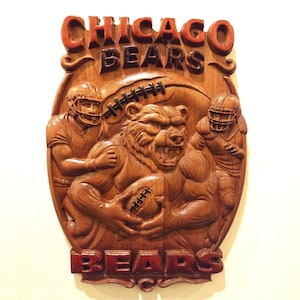 Chicago Bears Football Plaque – Handmade Carved Wood Sign with Bear Quarterback – NFL Wall Art Gift for Fans