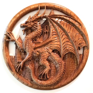 Carved Dragon Wall Hanging | Oak Wood Carving | Fantasy Decor | Rustic Mythical Sculpture | Dungeons & Dragons | Legend of Zelda