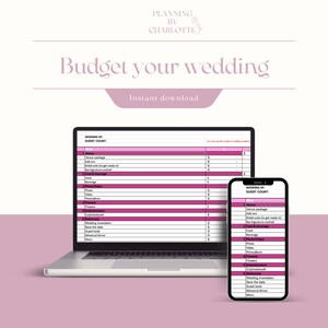 Può includere: Un foglio di calcolo di budget per matrimoni stampabile su un laptop e uno smartphone. Il foglio di calcolo è rosa e bianco e include categorie come luogo, cibo e bevande, foto/video, fiori e intrattenimento.
