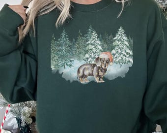 Sudadera navideña con acuarela de perro salchicha, cuello redondo, estilo vintage navideño de los 90, suéter navideño tradicional para mujer.