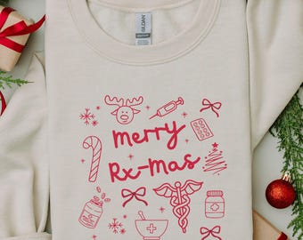 Merry Rx-mas Christmas Pharmacy Sweatshirt,Pharmacist Ugly Sweater,Pharm Tech Holiday Doodle Crewneck,New RPh Grad Gift for Pharmacy Intern