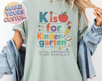 K is for Kindergarten Custom Name Teacher Shirt,Kinder Crew Teacher Shirt,Kindergarten Teacher Tee,Retro Back To School Outfit,1st Day of