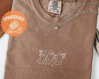 Embroidered Espresso Martini Ghost Shirt,Embroidered Halloween Shirt,Minimalist Spooky Season Tee,Vintage Halloween Gift for Martini Lovers