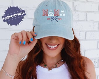 Custom Mama Embroidered Hat for 4th of July Mama Coquette Bow Hat,Mom Est. Cap,Patriotic Momma Accessories,USA Womens Hat,American Pride