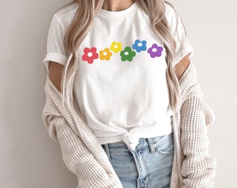 LGBTQ Retro Shirt, Floral Pride Tshirt, Gay Rights Tee, Love is Love, Subtle Rainbow Equality, Queer Women Clothing, Vote Blue, Proud Ally
