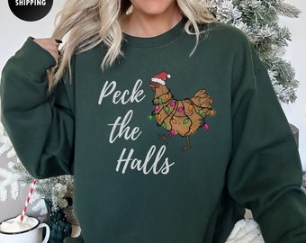 Peck The Halls Chicken Christmas Sweatshirt, Funny Chicken Crewneck, Womens Ugly Sweater