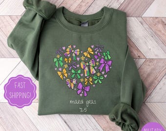 Mardi Gras Bow Coquette Sweatshirt,Womens Mardi Gras Sweatshirt,Mardi Gras Party TShirt,Fat Tuesday Carnival Top,Cute Festival Apparel
