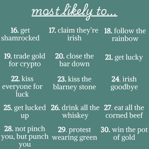 May include: A teal-green graphic with white text. The phrase "most likely to..." is at the top, followed by St. Patrick's Day themed statements, including "get shamrocked" and "drink all the whiskey."
