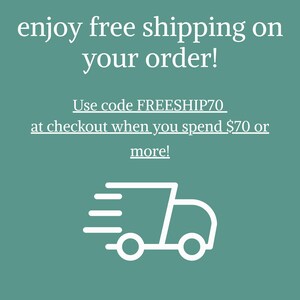 May include: A teal background with white text that says "enjoy free shipping on your order!" and the code FREESHIP70. A white graphic of a delivery truck is at the bottom.