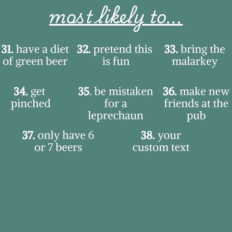 May include: A teal graphic with the words "most likely to..." at the top. Below, numbered statements include "have a diet of green beer," "pretend this is fun," and "bring the malarkey."