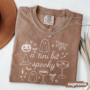 May include: Espresso-colored t-shirt with a round neck and short sleeves. The shirt features a white graphic design with a pumpkin, ghost, spiderweb, witch hat, and the text "a 'tini bit spooky". A silver necklace with a pendant is draped across the shirt.