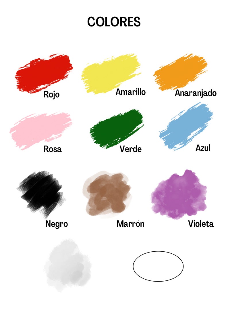 May include: A chart with the Spanish word "COLORES" at the top, meaning "colors".  The chart shows 10 different colors with their Spanish names: rojo (red), amarillo (yellow), anaranjado (orange), rosa (pink), verde (green), azul (blue), negro (black), marr&oacute;n (brown), violeta (violet), and blanco (white).