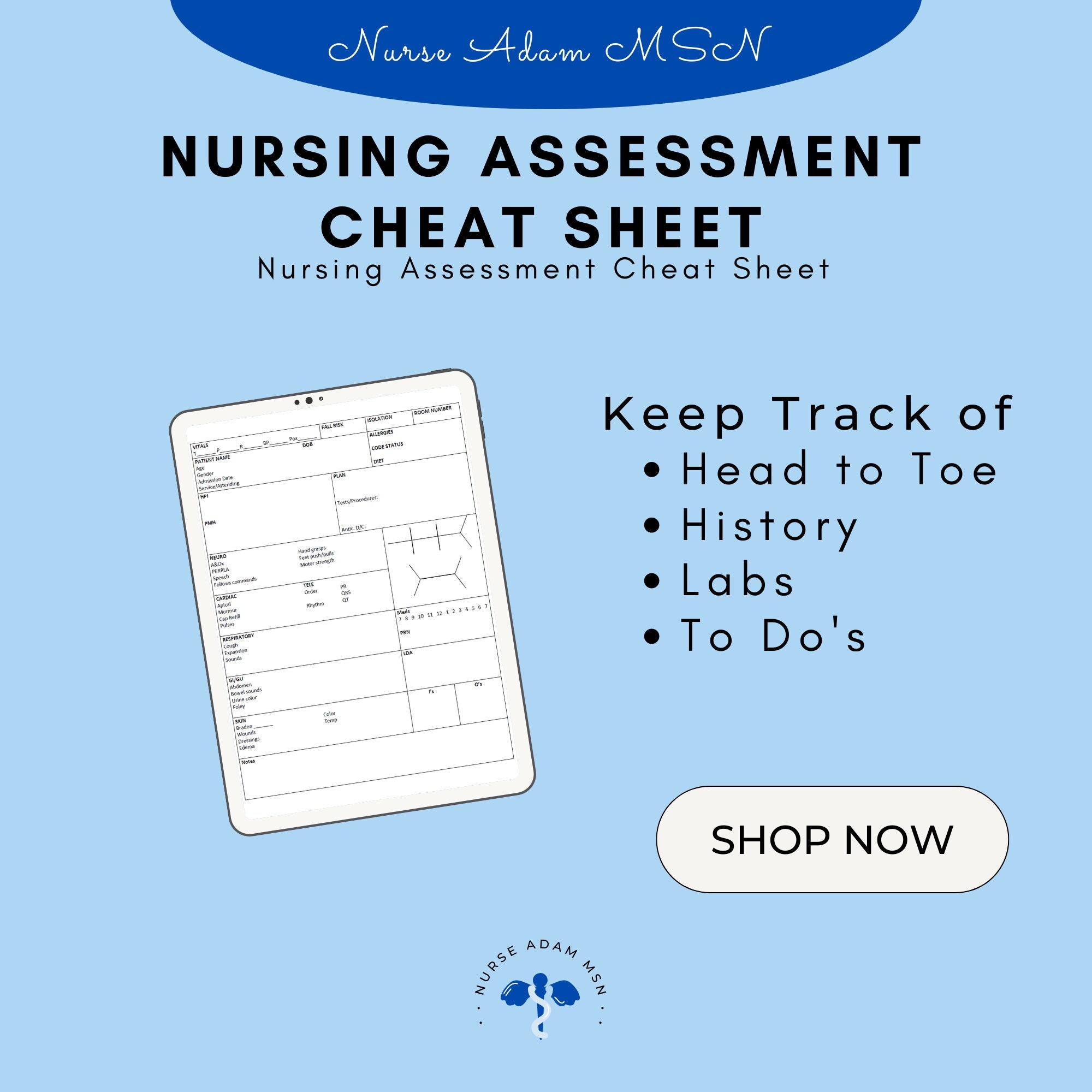 Nursing Assessment Cheat Sheet - Head to Toe Template With History, Labs, and Notes - Etsy