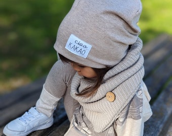 Your design | Distressed-look label beanie | Triangle loop | Color choice | Label | Hat/scarf | Transitional hat | Girl | Boy | Matching outfits