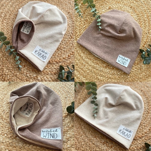 Used look label beanie - reversible beanie - triangle loop - cotton jersey - choice of color - desired label - hat - transition hat - girl - boy