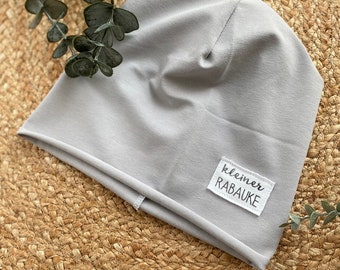 Dünne Used Look Label Beanie - Sommer Beanie - Baumwolljersey - Farbwahl - Wunsch Label - Mädchen - Junge - Unisex