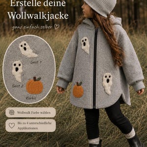 Könnte beinhalten: Eine graue Wollwalkjacke mit Kapuze, weißen Geister- und orangen Kürbis-Applikationen aus Filz, schwarzem Reißverschluss und gerippten Bündchen. Text im Bild: INDIVIDUELLE & BESONDERS, Erstelle deine Wollwalkjacke, ganz einfach selber, Geist 1, Geist 2, Kürbis.