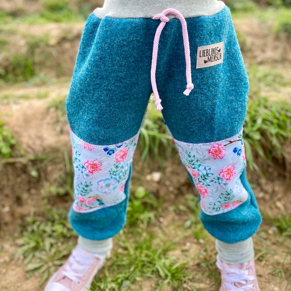 Walk Pants - Softshell - Outdoor Hose - Blumen Vögel - Schurwolle Wollhose - Walkhose - Wolle - Pumphose - Mädchen - Baby - Kinderkleidung