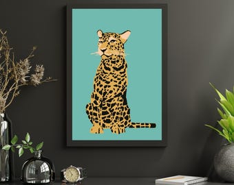 Cheetah Wall Art Print | Minimalist Wildlife Illustration | Teal Safari Animal Digital Download