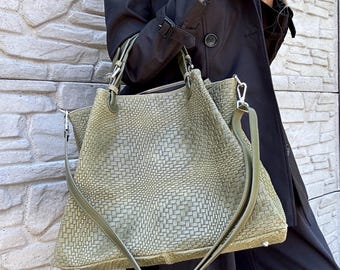 Borsa a tracolla intrecciata XXL in pelle, borsa da lavoro, borsa