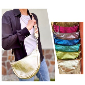 metallic Half Moon Umhängetasche Leder-Bananentasche Halbmond Crossbody Maxi Nappaleder Ledergurt gemusterten Wechselgurt Geschenk für Sie