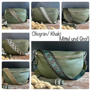 May include: Five olive green leather fanny packs with different patterned straps. The straps are black and white, green and white, black and green, and brown and green. The text "Oligrün/Khaki Mittel und Groß" is in the center of the image.
