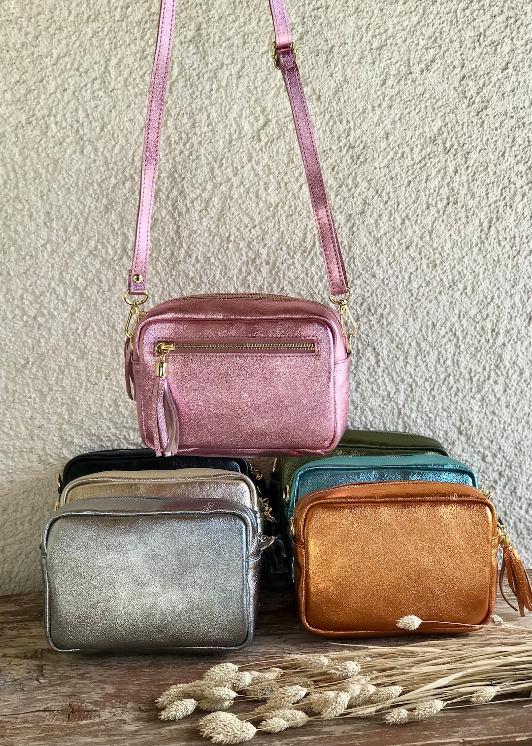 Buy Metallic Genuine Leather Shoulder Bag Crossbody Shoulder