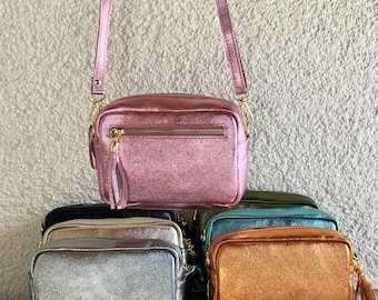 Metallic genuine leather shoulder bag crossbody shoulder bag cell phone bag travel belt bag with golden zipper Italy gift for her