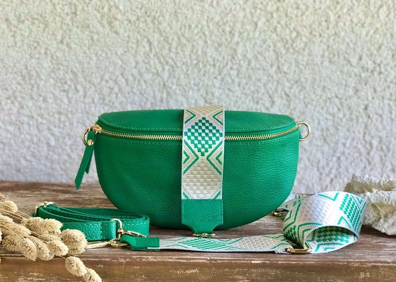 Sac banane vert cuir nappa sac ceinture sac à bandoulière crossbody avec bretelles interchangeables à motifs cadeau mousqueton couleur or pour elle Grün 5