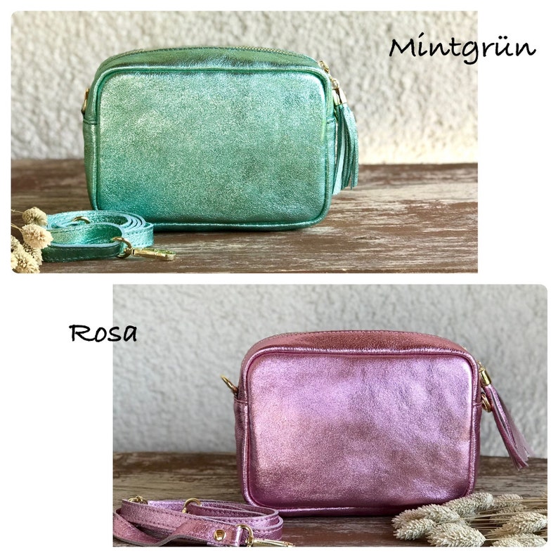 Metallic echt lederen schoudertas crossbody schoudertas mobiele telefoon tas reisriemtas met gouden rits Italië cadeau voor haar afbeelding 8