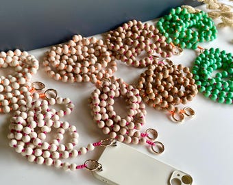 Collar de cuentas de madera para teléfono, correa cruzada para teléfono, llavero, collar de cuentas, correa para el hombro, cuentas de madera, estilo boho, talla L 120-140, regalo para ella