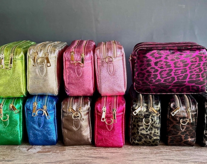 Metallic genuine leather crossbody bag, shoulder bag, phone bag, travel belt bag with gold double zipper, gift for her