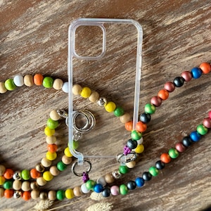 Boho Crossbody Cell Phone Chain Cell Phone Strap Keychain Pearl Necklace Shoulder Strap Wooden Beads Colorful Metallic Ladies Gift for Her