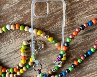 Boho crossbody cell phone chain cell phone strap key chain pearl chain shoulder strap wooden beads colorful metallic women's gift for her