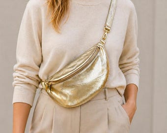 Bolso bandolera de piel metalizada para mujer – Riñonera de piel auténtica en dorado o bronce – Riñonera con cremallera en dorado o plateado – Hecho en Italia