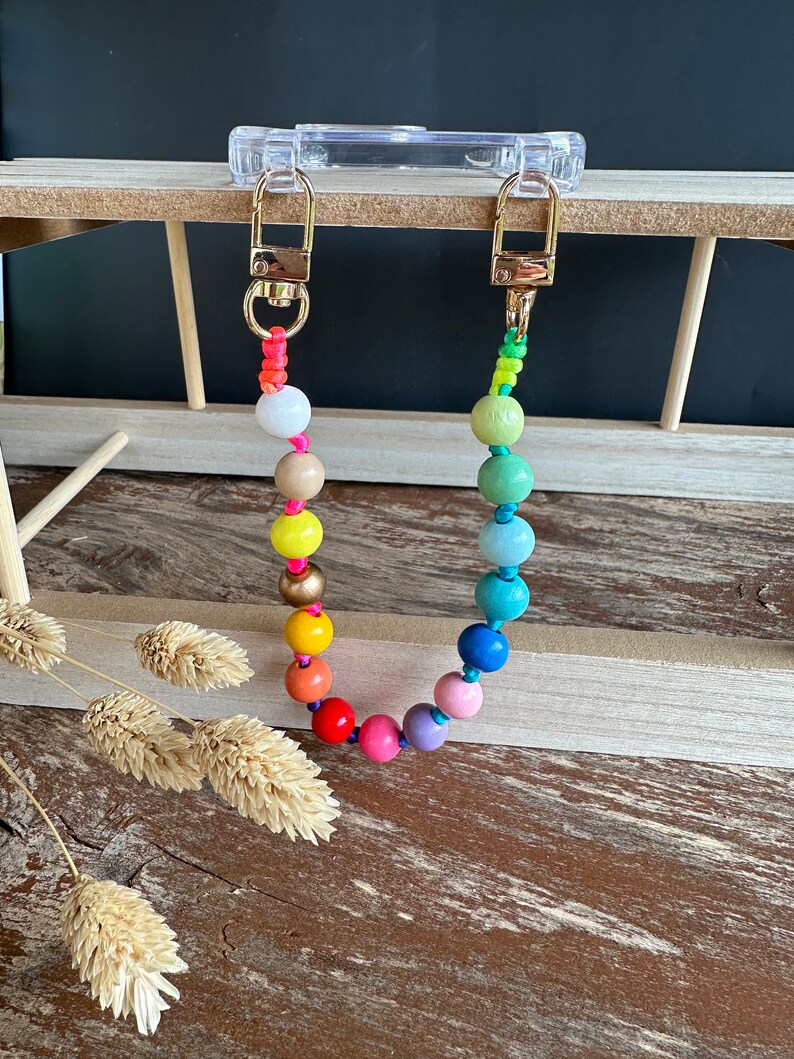 Handschlaufe Handykette kurz Holzperlen Schlüsselanhänger Schlüsselkette Schlüsselband Kurz Perlenkette Holzperlen Boho Geschenk für Sie Bunt