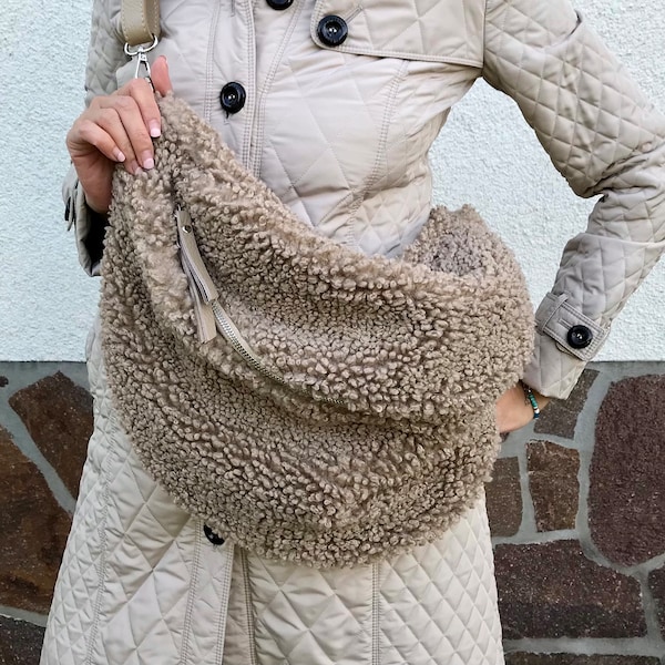 Teddy fur plush fanny pack with leather strap, XXL crossbody bag, shoulder bag, gift for her, winter bag