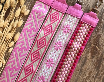 Patterned bag straps, shoulder straps, camera straps, silver-gold hardware, light pink women's gifts for her