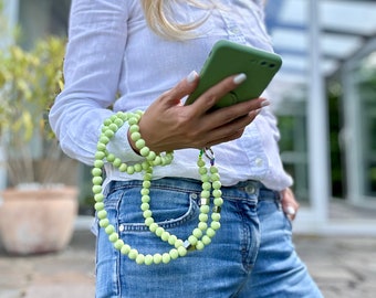 Cadena para teléfono celular estilo bohemio, bandolera, llavero con cuentas de color sólido, correa para el hombro, cuentas de madera, cuentas de acero inoxidable, regalo para ella