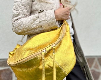 Genuine Italian leather fanny pack XXL | Metallic nappa leather shoulder bag | Crossbody belt bag with leather strap | Sling bag | Gift for her
