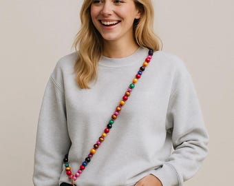 Cadena para teléfono móvil personalizada con cuentas de madera, correa para teléfono de 14 mm, llavero, collar de cuentas, oro y plata, mosquetón, cuentas de madera, regalo para ella