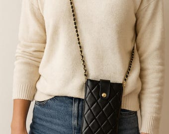 Quilted genuine leather phone case, crossbody bag with gold-tone adjustable phone chain, gift for her