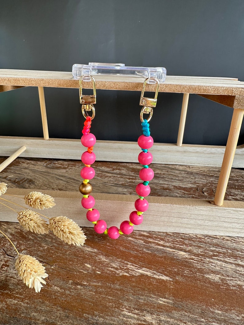 Handschlaufe Handykette kurz Holzperlen Schlüsselanhänger Schlüsselkette Schlüsselband Kurz Perlenkette Holzperlen Boho Geschenk für Sie Hellpink